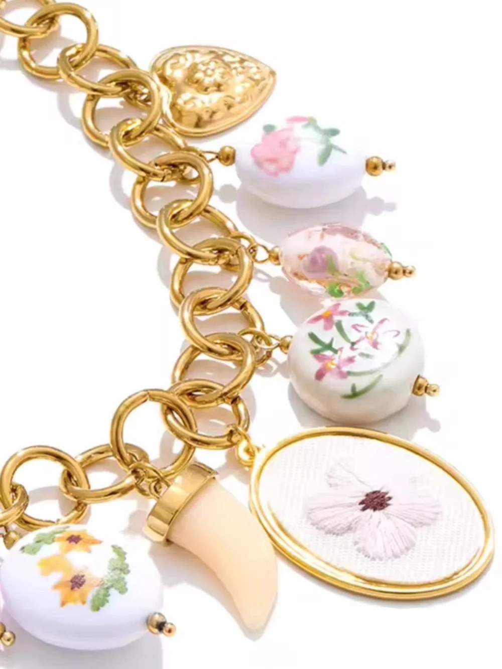 Vintage Floral Porcelain Charm Necklace